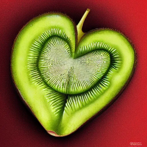 Prompt: 3d render of a human heart made of kiwifruit flesh. 4k. intricate. Trending on artgerm and artstation. Painted by greg rutkowski. Award winning photorealistic digital art