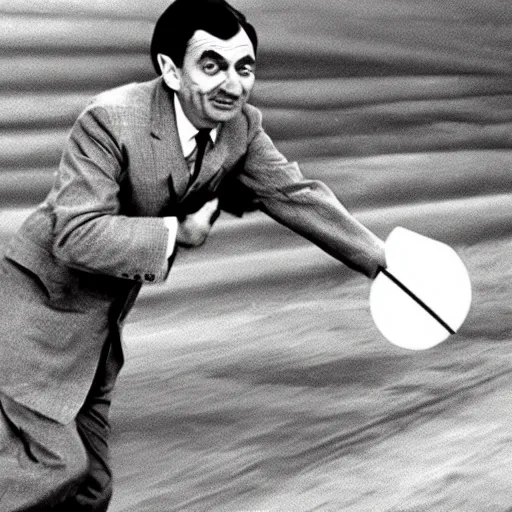 Prompt: Archival photo of Mr Bean launching the atomic bomb