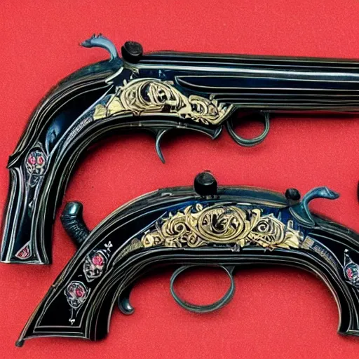 Image similar to an elegant victorian set of dueling pistols decorated with an apple theme