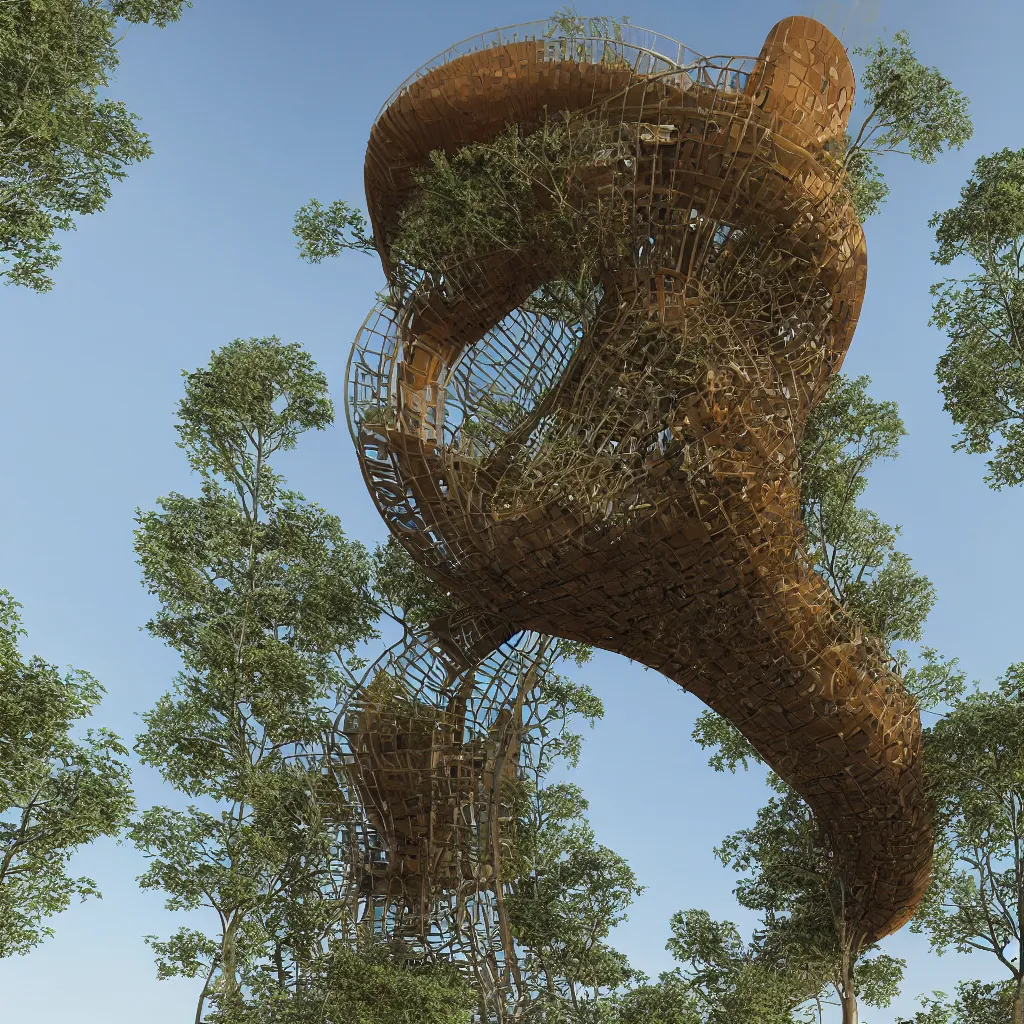 Prompt: Hyper realistic, helix shaped observation tower made by corten in forest, Future design, wide angle shot, architecture design, parametric architecture, covers by textile, environment, morning light, Cinematography, mega scans, cinematic, hyper realistic, photo real, cinematic composition, highly detailed, vray, 8k render