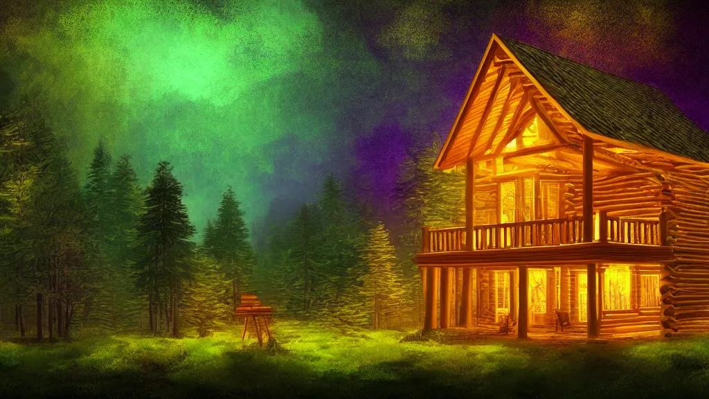 Image similar to portrait of an ethereal log cabin made of golden purple and green light, evergreen forest, divine, cyberspace, mysterious, dark high-contrast concept art