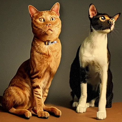 Image similar to photo of a cat-headed dog sitting next to a dog-headed cat