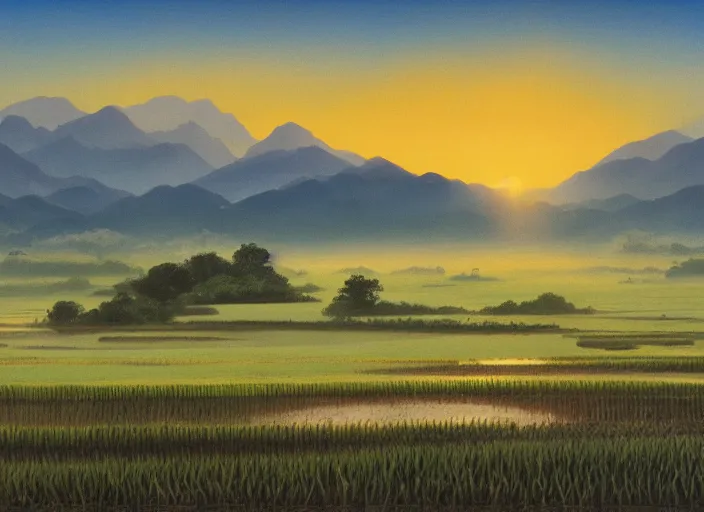 Image similar to painting of a rice paddy with two mountains in the background, a road, sun rising between the mountain