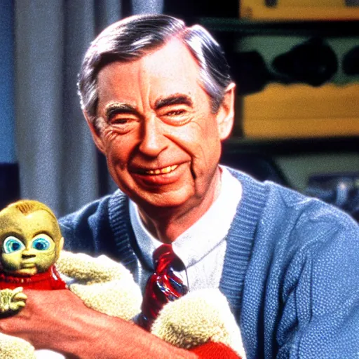 Prompt: photorealistic Mr. Rogers holding the Chucky doll from the movie Child's Play