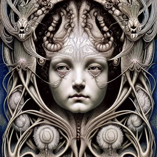 Prompt: detailed realistic porcelain beautiful intricate calaveras goddess face portrait by jean delville, gustave dore, iris van herpen and marco mazzoni, art forms of nature by ernst haeckel, art nouveau, symbolist, visionary, gothic, neo - gothic, pre - raphaelite, fractal lace, intricate alien botanical biodiversity, surreality, hyperdetailed ultrasharp octane render