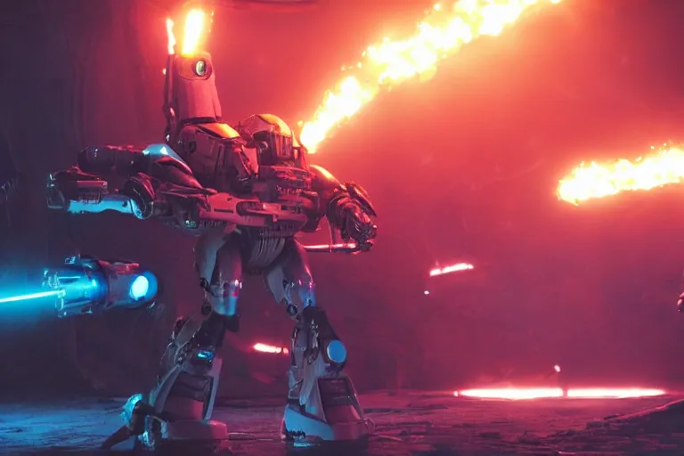 Image similar to VFX movie of a futuristic inhuman alien spacemarines Mech in future spaceship, firing gun at alien horde detailed creature skin neon lighting by Emmanuel Lubezki