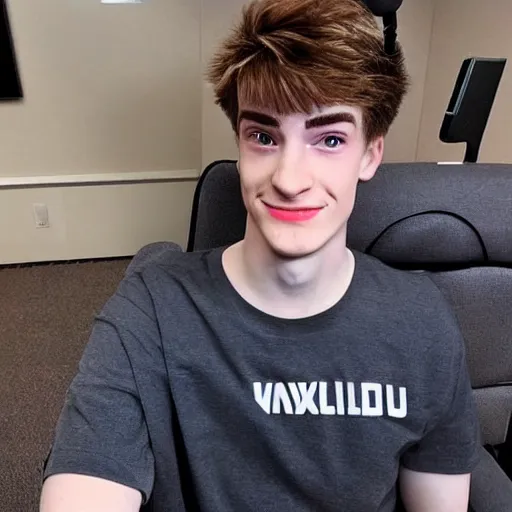 Image similar to “a realistic detailed photo of a guy who is an attractive humanoid who is half robot and half humanoid, who is a male android, twitch streamer Ninja Tyler Blevins, shiny skin, posing like a statue, blank stare, on a gaming chair streaming”