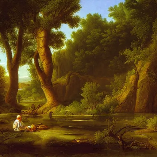 Prompt: a desert oasis, kindred spirits, harmony of nature, sparkling dew, by asher brown durand