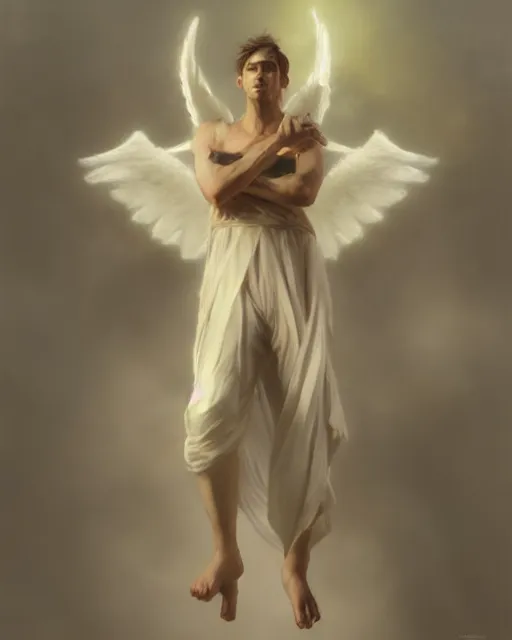 Prompt: young male angel by ruan jia, artstation, volumetric lighting, perfect, high detail