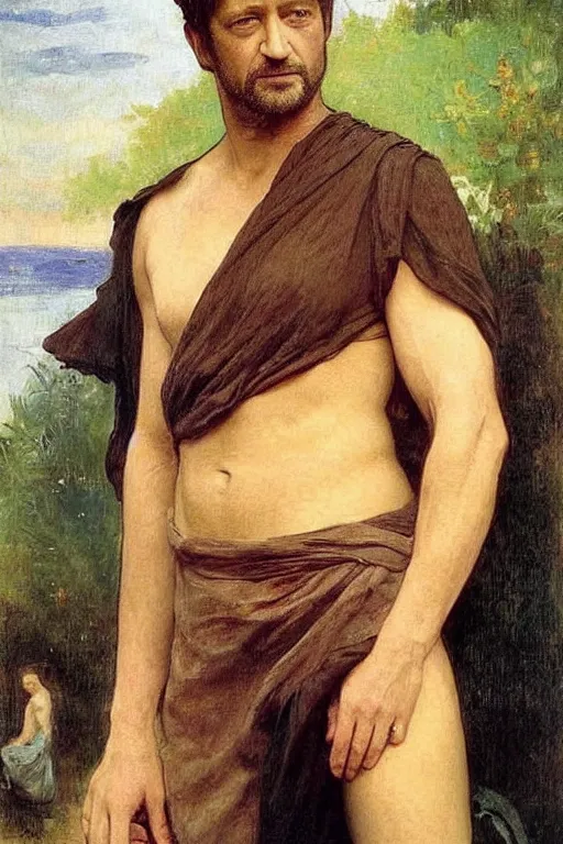 Image similar to actor gerard butler, by bouguereau and gauguin