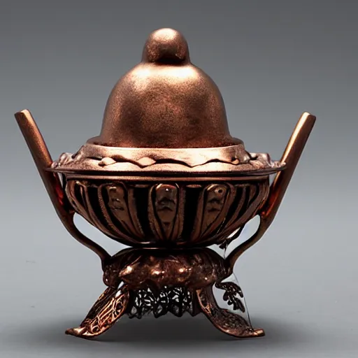 Image similar to A metal incense burner made of copper in the shape of a gourd. With delicate Japanese decorative carvings