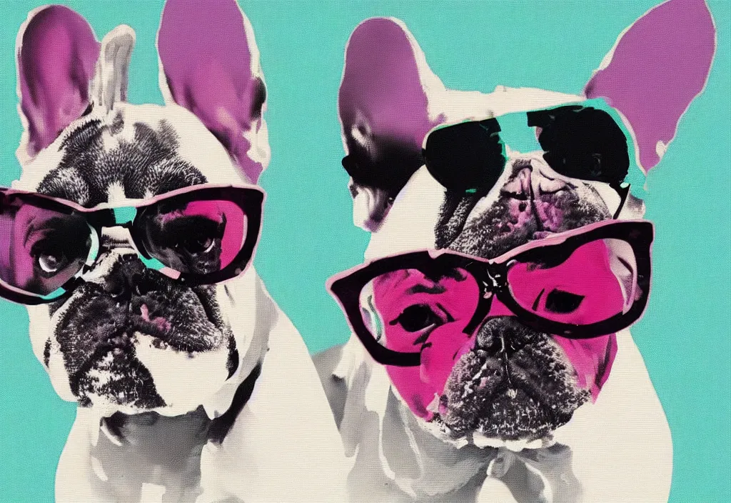 Prompt: An Andy Warhol style painting of a French bulldog wearing sunglasses