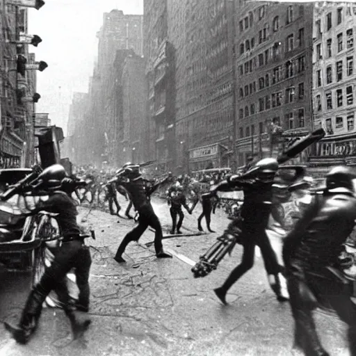 Prompt: old black and white photo, 1 9 1 3, depicting terminators rampaging through the bustling streets of new york city, historical record