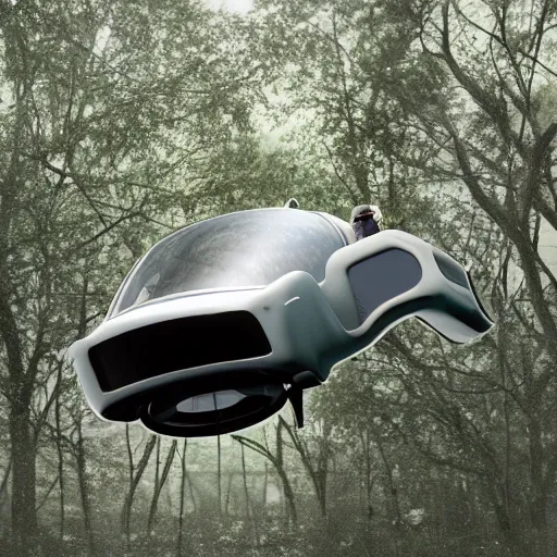 Prompt: a futuristic flying car floating through an overgrown abandoned city