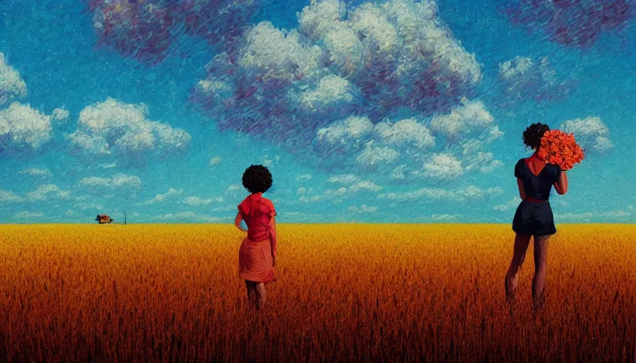 Image similar to red carnation afro head, full body, girl watching sunset, empty wheat field, surreal photography, colorful clouds, tree, impressionist painting, colorful clouds, digital painting, pointillism, artstation, simon stalenhag