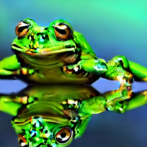Image similar to The Wednesday frog and all his orbs hanging out, high quality render, realistic reflections, reflective surfaces, natural lighting, the orbs of BYOB, The Wednesday Frog, background details, highly a detailed, hyper realistic, orbs, orbs, orbs!!!