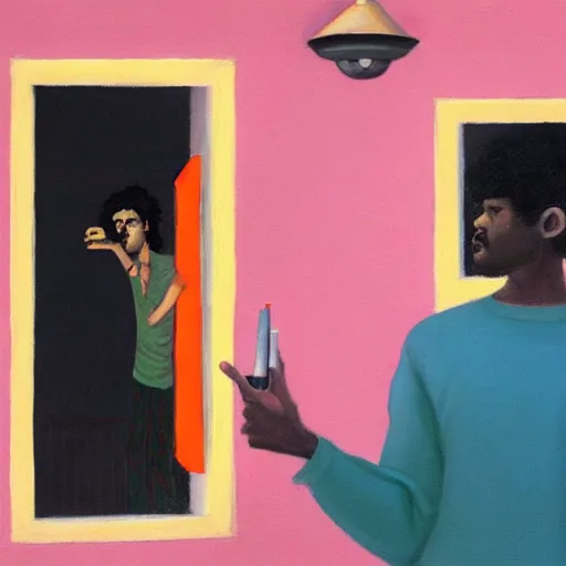 Prompt: a fine art painting from behind of man with black hair smoking a spliff at the glass door of a balcony at night, inspired by the styles of wes anderson, gorillaz and edward hopper, toned orange and pastel pink