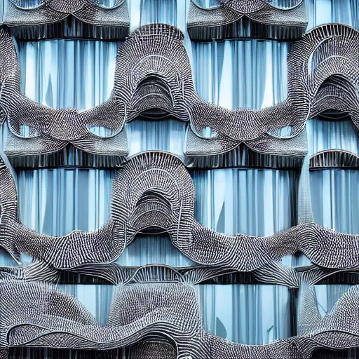 Image similar to a photo of a futuristic biomimicry oasis facade + the facade is elegant and made of a biomimicry nature algae with ornate patterns + photo taken on a misty morning + architectural photography, 8K, photorealistic