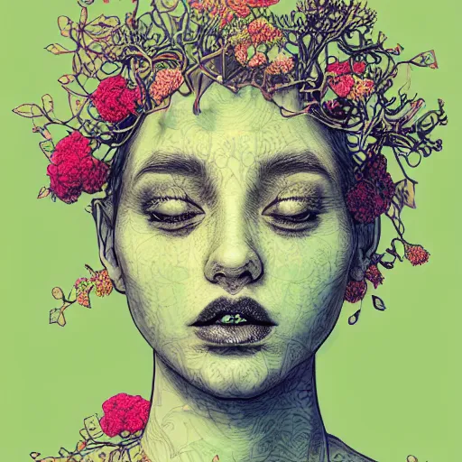 Image similar to the portrait of an unbelievably beautiful, elegant, and sophicated young woman partially made of broccoli looking up, an ultrafine detailed illustration by james jean, intricate linework, bright colors, final fantasy, behance contest winner, vanitas, angular, altermodern, unreal engine 5 highly rendered, global illumination, radiant light, detailed and intricate environment