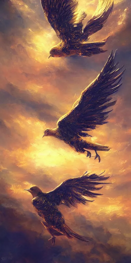 Prompt: a painting of a golden bird flying through the sky, poster art by raymond swanland, deviantart, fantasy art, wiccan, deviantart, mystical