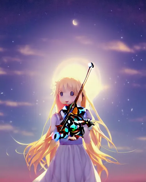 Image similar to teen, cute, full body, a female with white skin and golden long wavy hair holding a violin and playing a song, heavenly, stunning art style, filters applied, lunar time, night sky, trending art, sharp focus, centered, landscape shot, fate zero, simple background, studio ghibly makoto shinkai yuji yamaguchi, by wlop