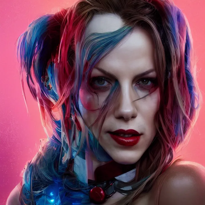 Prompt: portrait of Kate Beckinsale as a harley quinn. intricate abstract. intricate artwork. by Tooth Wu, wlop, beeple, dan mumford. octane render, trending on artstation, greg rutkowski very coherent symmetrical artwork. cinematic, hyper realism, high detail, octane render, 8k, iridescent accents