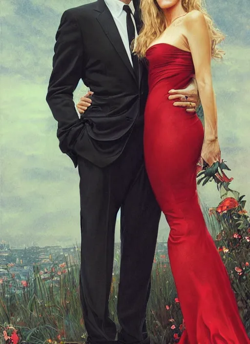 Image similar to george clooney wearing a formal black suit and kim basinger wearing a red dress in love hugging each other, highly detailed, focus stacked, candid portrait, art by artgerm and greg rutkowski and alphonse mucha