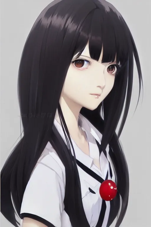 Image similar to Gorgeous japanese schoolgirl with black hair, in black uniform, very detailed eyes. By ilya kuvshinov, krenz cushart, Greg Rutkowski, trending on artstation