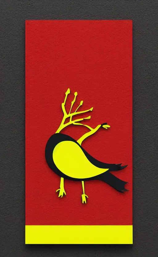 Prompt: poker card style, simple, modern look, colorful, japanese crane bird symbol in center, pines symbols, maintain aspect ratio, turchese and yellow and red and black, vivid contrasts, smart design, backed on kickstarter
