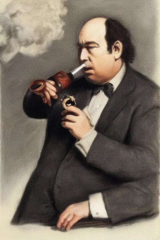 Image similar to portrait of george constanza, smoking a pipe, atmospheric
