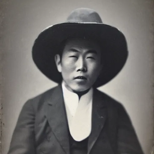 Image similar to Asian man with comically large cowboy hat daguerreotype