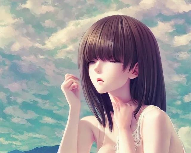 Image similar to infinitely detailed full - body portrait pale female peaceful dream angel wearing elegant clothes. beautiful! scenery art! by wlop & murata range, by ilya kuvshinov. artstation!! / pixiv!!