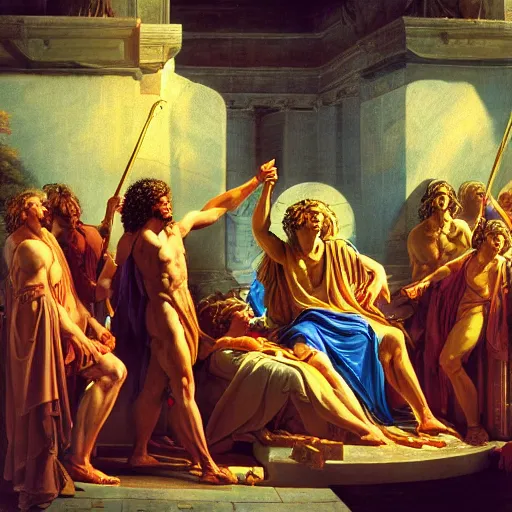 Image similar to Homeric mesmerizing inner sanctum of the most venerable and beautiful truth, in the style of Jeff Easley, Jacques-Louis David, Howard Lyon, Ken Kelly, Élisabeth Vigée Le Brun, dramatic lighting, establishing shot, detailed and clear beautiful realistic faces, 8k resolution – W 1024