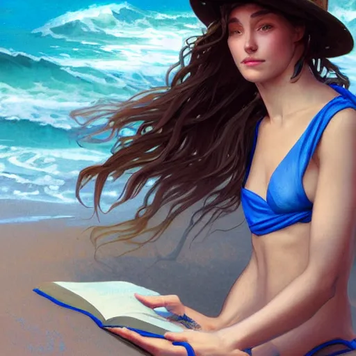 Prompt: portrait of a female wizard with brown hair wearing a blue wizard's hat and blue swimsuit holding a book at the beach, fantasy, highly detailed, digital painting, artstation, concept art, character art, art greg rutkowski and tyler jacobson and alphonse mucha