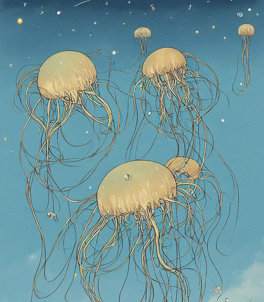 Prompt: brilliant alien jellyfish in the sky color scientific illustration by Ernst Haekel, Hayao Miyazaki, color illustration with orthographic views