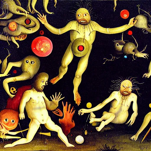 Image similar to beautiful painting of eldricht zooplancton monsters orbiting around the psyche of a sleeping man in the style of Hyeronimus Bosch