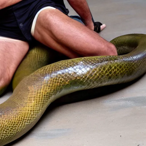 Image similar to man has a huge anaconda between his legs, 8 k hd,