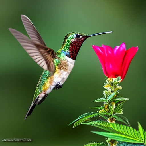 Image similar to beautiful hummingbird drinking from a marijuana plant, wildlife photography, highly detailed, high quality, 8 k, soft lighting,