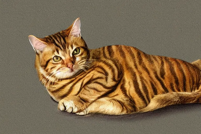 Prompt: A fat tabby cat laying on his back longways, back feet in foreground, head blurred in background, digital art