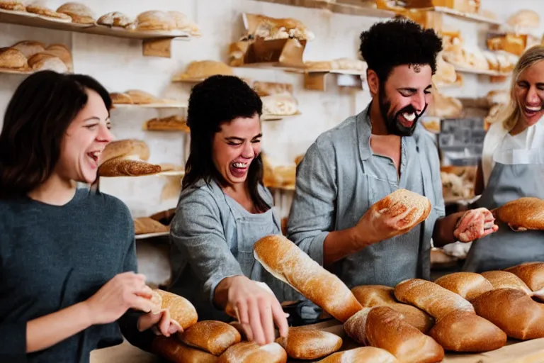 Image similar to 3 people in a bakery laughing at bread,