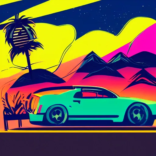 Prompt: synthwave landscape with a sports car