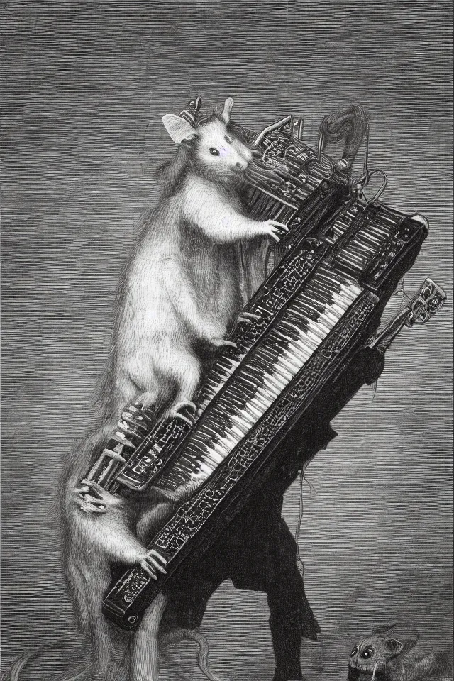 Prompt: A demonic opossum playing a keytar by Gustave Dore, full body grayscale drawing, disturbing, hellish