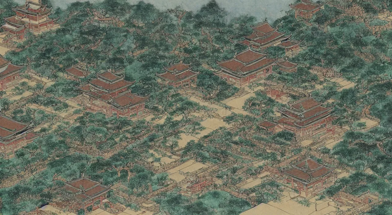 Image similar to a beautiful painting of a singular ancient Chinese palace, with a garden, in the style of anime