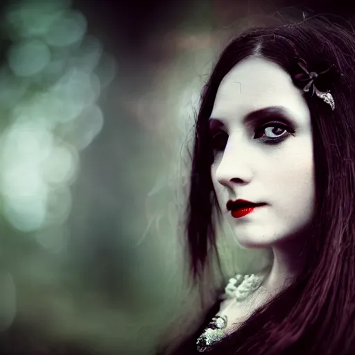 Image similar to A beautiful portrait of a lady vampire, victorian, '20, ominous, depth of field, bokeh, irwin penn, soft light, cinematic