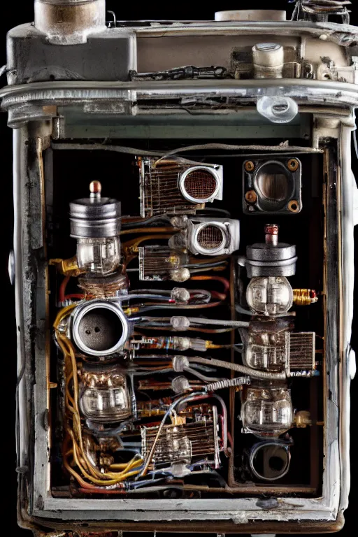 Prompt: A photo of a very old opened camera with vacuum tubes, capacitors and coils inside by Annie Lebovitz and Steve McCurry, grungy Ultra detailed, hyper realistic, 4k