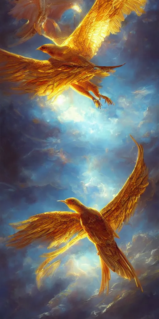 Image similar to a painting of a golden bird flying through the sky, poster art by raymond swanland, deviantart, fantasy art, wiccan, deviantart, mystical