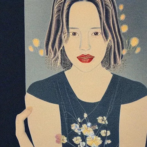 Prompt: “ rachel mcadams portrait by ikenaga yasunari and ayana otake and ko rakusui, drawing, realistic, sharp focus, japanese, dreamy, nostalgia, faded, golden hues, floral clothes ”