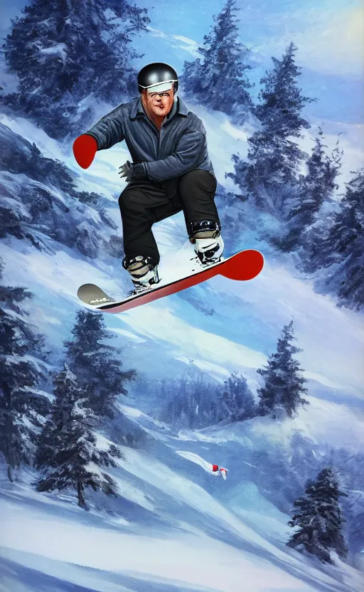 Image similar to Rodney Dangerfield snowboarding, high details, 4k, 8k, trending on artstation