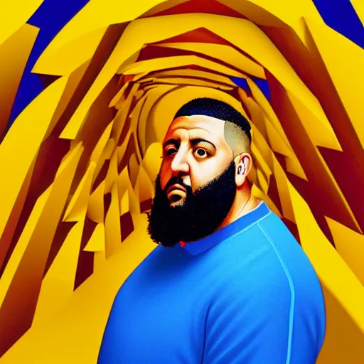 Image similar to ultra realistic portrait of dj khaled in a studio, ultra detailed, under blue, red and yellow cinematic lighting, salvador dali, cartoon, monument valley, escher