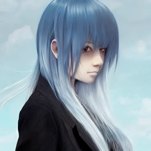 Image similar to profile shot of rimuru tempest, sky blue, straight hair, long bangs, amber eyes, wearing a black jacket with white stripes, high collar, highly detailed, unreal engine 5, digital painting, cinematic, wlop | artgerm, pixiv, yoshitaka amano, greg rutkowski, ilya kuvshinov, andy warhol